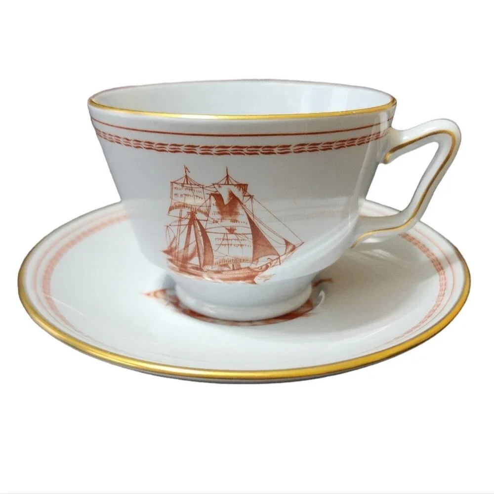 Spode Trade Winds Cup Saucer Red Gold England Fine Stone W128 Design C 1805